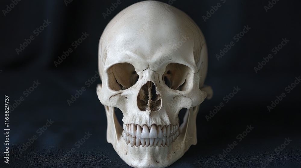 Human skull displayed against a dark background emphasizing intricate details and textures for artistic and educational purposes Human skull displayed against a dark background emphasizing intricate details and textures for artistic and educational purposes