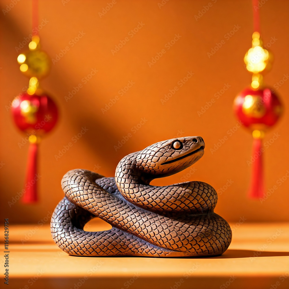 Fototapeta premium Wood snake zodiac sign figure on a orange background, copy space, with oriental Chinese ornaments, Chinese New Year 2025 concept, Year of the Wooden Snake