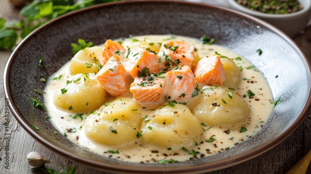 Savory potato dumplings garnished with salmon pieces in a rich creamy sauce topped with fresh herbs. Savory potato dumplings garnished with salmon pieces in a rich creamy sauce topped with fresh herbs.
