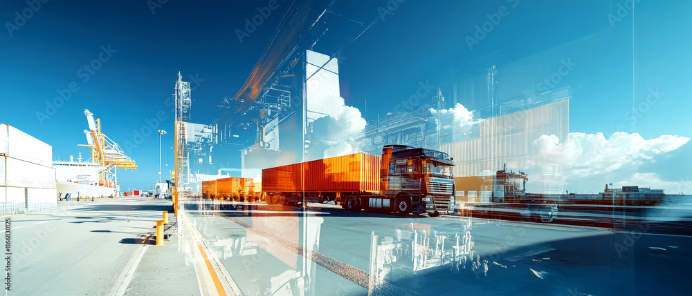 Obraz premium Dynamic digital collage showcasing diverse cargo transportation modes on a vivid blue backdrop