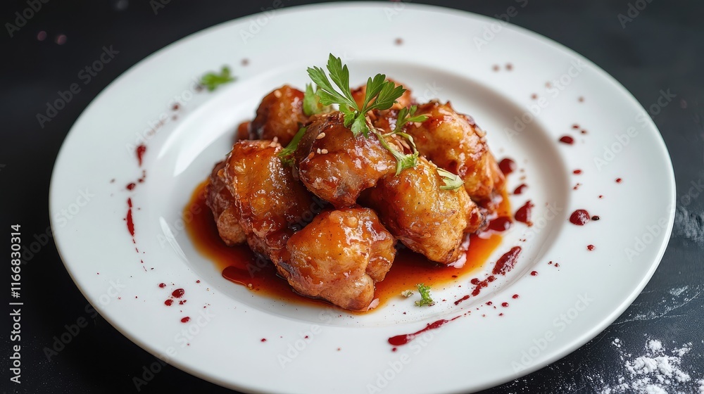 Delicious crispy fried chicken drizzled with sauce garnished with fresh herbs on a white plate against a dark background Delicious crispy fried chicken drizzled with sauce garnished with fresh herbs on a white plate against a dark background