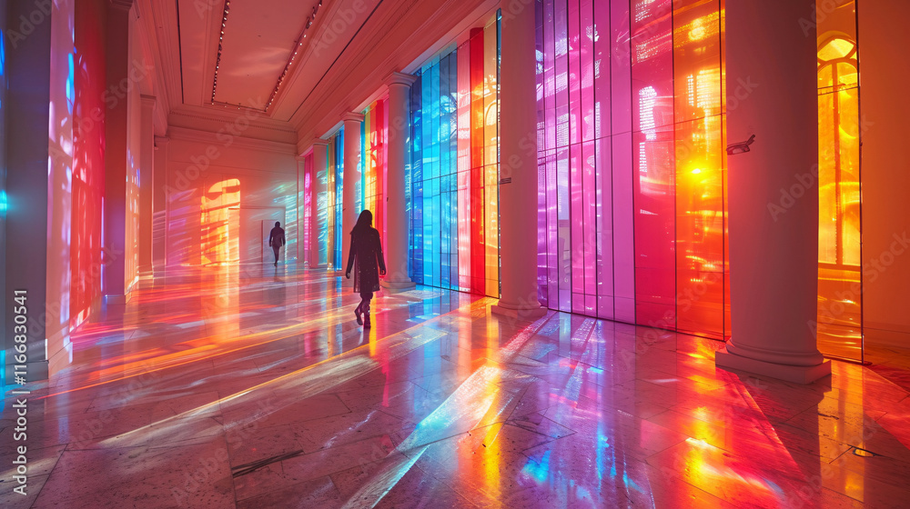 Fototapeta premium A tinted glass art installation creates prism effects and an aurora of colors by refracting light.