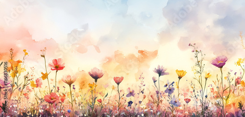 A dreamy meadow with soft watercolor flowers in pastel shades under a vibrant sky.