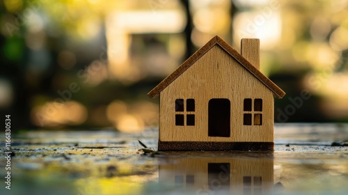 Wooden house model on a table symbolizing real estate sale and rental concepts for families with focus on new homes and apartments photo