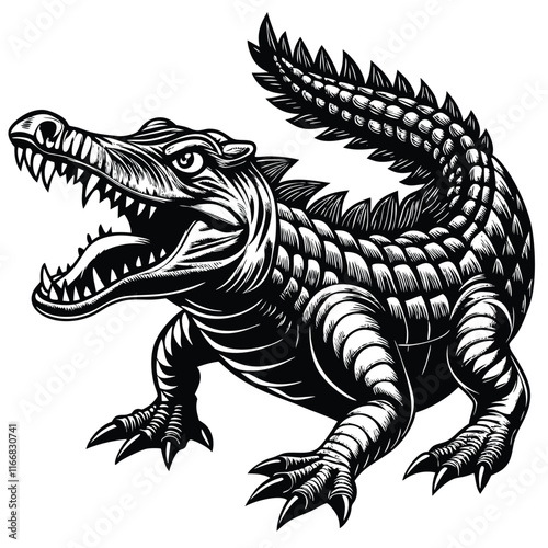 Black and white cartoon crocodile illustration with reptile features, fun and wild monster design photo