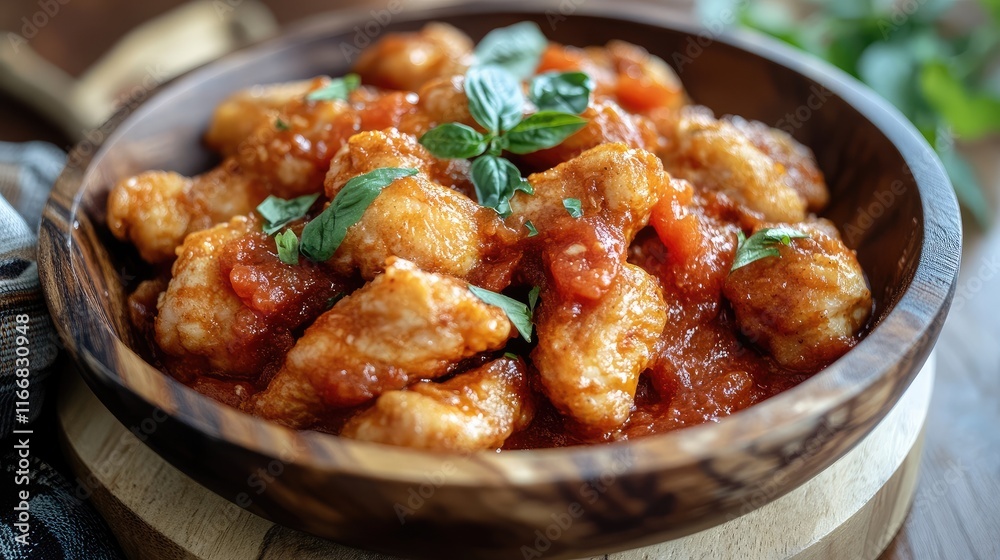 Crispy Chicken Bites Tossed in Savory Tomato Sauce Served in Rustic Wooden Bowl Crispy Chicken Bites Tossed in Savory Tomato Sauce Served in Rustic Wooden Bowl