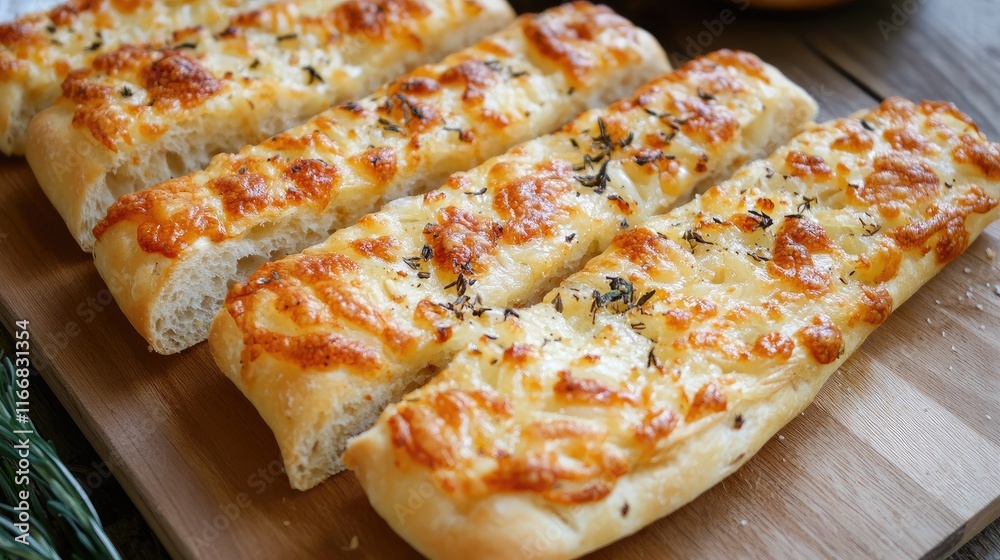 Crispy cheese topped bread sticks garnished with herbs placed on a wooden board deliciously displayed.