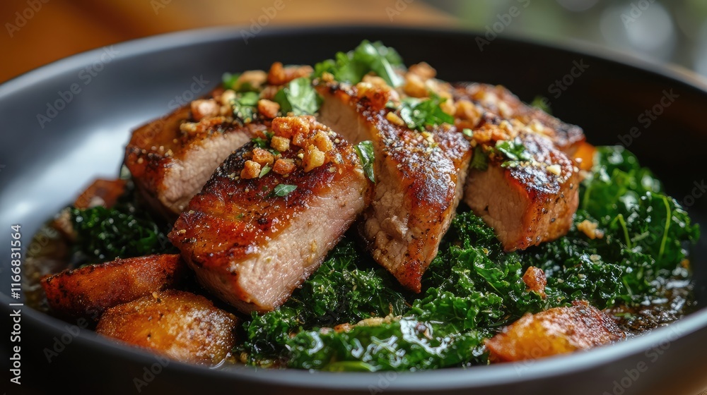 Crispy Pork Belly Slices Served on a Bed of Sautéed Kale Garnished with Nuts and Fresh Herbs Crispy Pork Belly Slices Served on a Bed of Sautéed Kale Garnished with Nuts and Fresh Herbs