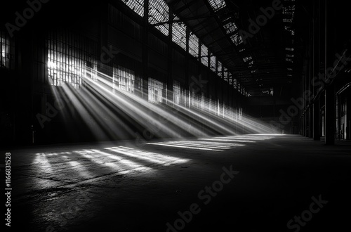 A black and white portrayal of an untouched warehouse interior.