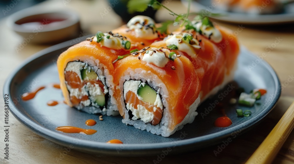 Sushi rolls with salmon cream cheese and cucumber served on a plate garnished with sauces and green onions in a gourmet presentation Sushi rolls with salmon cream cheese and cucumber served on a plate garnished with sauces and green onions in a gourmet presentation