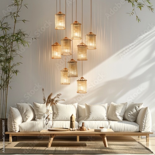 A serene and inviting modern living room with a bamboo inspired decor featuring comfortable furniture warm lighting from hanging lamps and a calming harmonious ambience