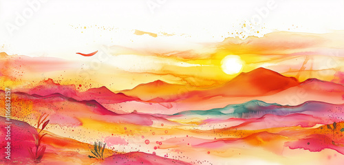 A peaceful desert with watercolor splashes of pink, orange, and yellow merging into a vibrant sunset.