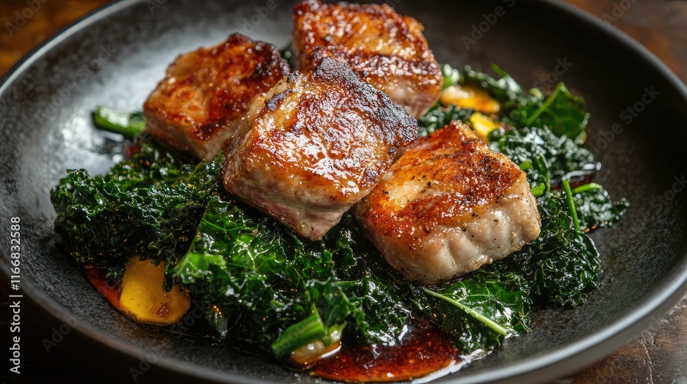 Crispy Pork Belly Served on a Bed of Sautéed Kale and Colorful Vegetables in a Modern Plate Setting Crispy Pork Belly Served on a Bed of Sautéed Kale and Colorful Vegetables in a Modern Plate Setting