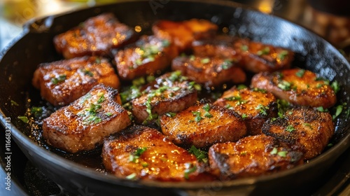 Crispy golden fried pork belly slices garnished with herbs in a sizzling skillet deliciously presented for culinary delights. photo