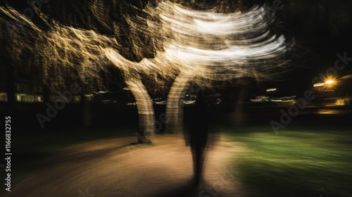 Surrealism anomaly of a single tree standing upright creates a magical effect in the visual of creepy strangeness at night, producing long shadows around it with a blurry effect