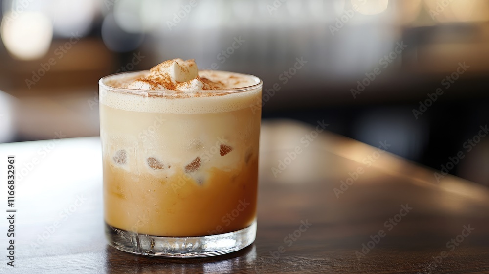 Pumpkin Spice Beverage with Creamy Foam in a Glass on Rustic Wooden Table Pumpkin Spice Beverage with Creamy Foam in a Glass on Rustic Wooden Table