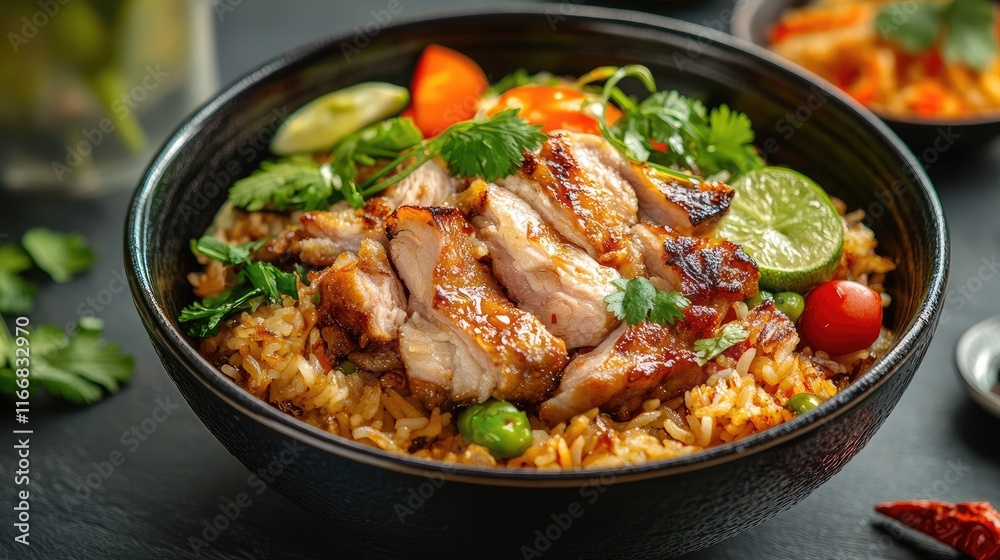 Crispy Pork Fried Rice with Fresh Vegetables and Herbs in a Bowl on a Dark Background Crispy Pork Fried Rice with Fresh Vegetables and Herbs in a Bowl on a Dark Background