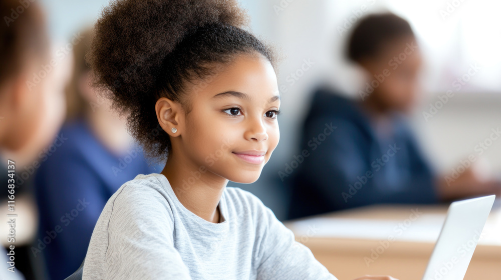 Afro teenage girl studying in classroom using computer laptop Afro teenage girl studying in classroom using computer laptop