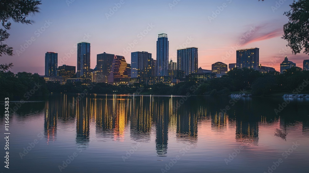Austin Skyline Reflection at Dusk: A Serene Texas Cityscape Austin Skyline Reflection at Dusk: A Serene Texas Cityscape