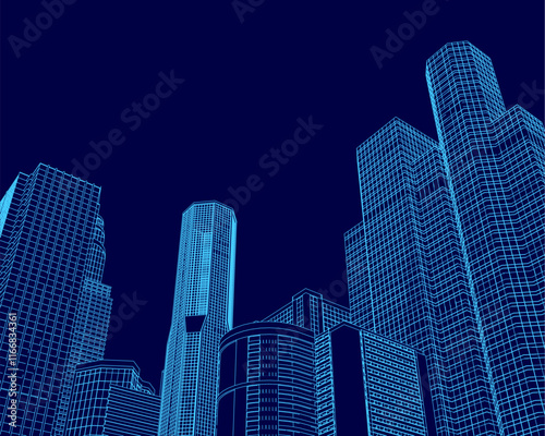 City skyline is shown in blue with a dark sky. The buildings are tall and the city appears to be at night