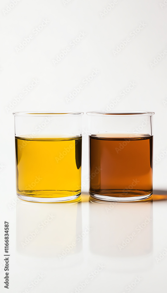 Two glasses filled with contrasting beverages showcase vibrant colors and clarity, representing diverse drink options. Two glasses filled with contrasting beverages showcase vibrant colors and clarity, representing diverse drink options.