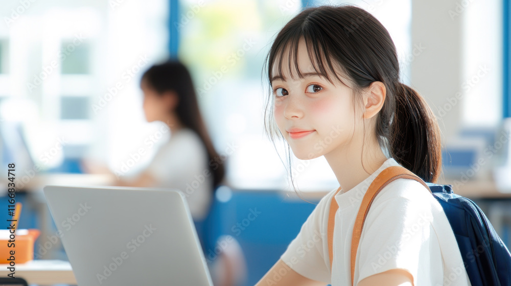 Japanese teenage girl studying in classroom using computer laptop Japanese teenage girl studying in classroom using computer laptop