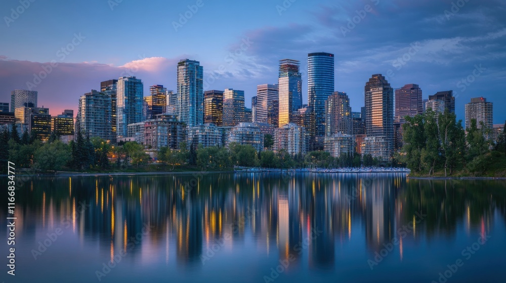 Calgary Skyline Reflection: A Serene Twilight Panorama Calgary Skyline Reflection: A Serene Twilight Panorama