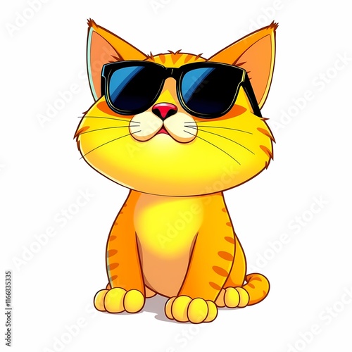 Cool Cat in Shades: A cartoon illustration of a cute, orange tabby cat sporting stylish sunglasses, exuding coolness and confidence.   photo