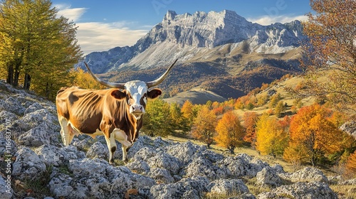 A Cachena cow standing proudly in a rocky hillside pasture, with rugged mountains in the background, and vibrant autumn colors on the trees surrounding the area.