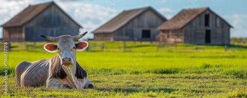 A Cachena cow resting on a tranquil farm, with wooden barns in the background and green grass all around, evoking a calm, rural atmosphere.