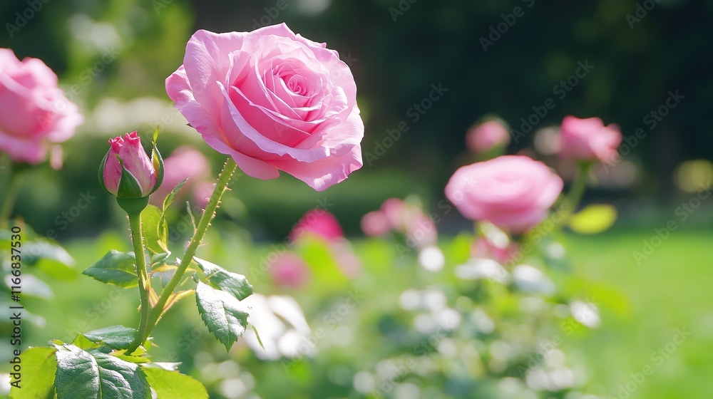 Beautiful Pink Roses in Bloom Surrounded by Lush Greenery in Garden Setting Beautiful Pink Roses in Bloom Surrounded by Lush Greenery in Garden Setting