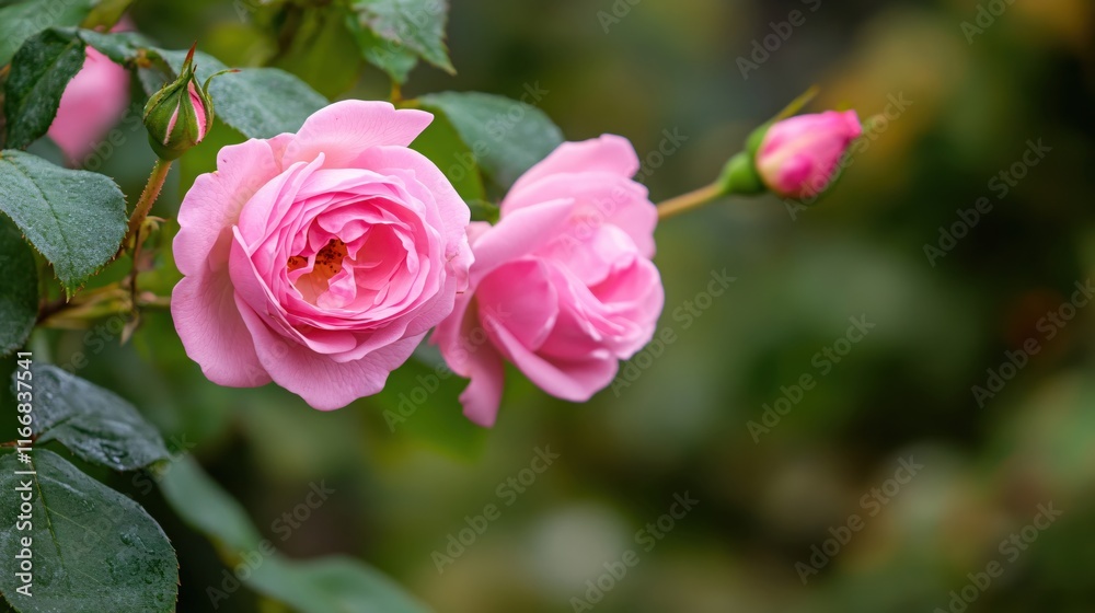 Delicate Pink Roses Blooming Amidst Lush Green Leaves in a Natural Garden Setting Delicate Pink Roses Blooming Amidst Lush Green Leaves in a Natural Garden Setting