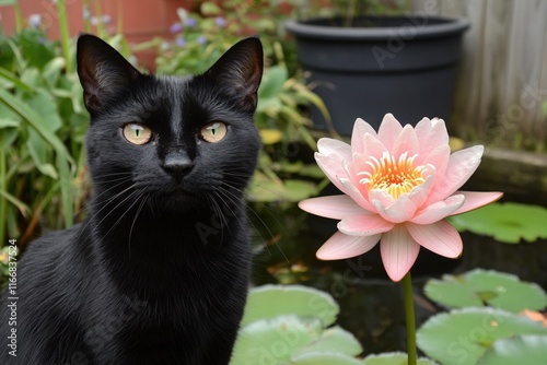 Black Cat Posing Next to Pink Lotus Flower in Tranquil Garden Setting photo