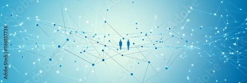 Visualization of digital connections with two figures standing in a network of blue dots and lines
