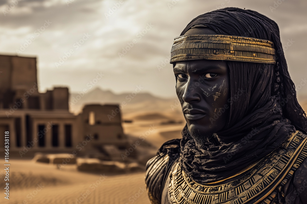 Fototapeta premium A fierce, handsome Black man with a headdress and gold ornaments in an ancient, deserted African desert.
