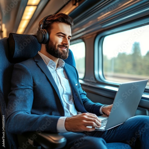Handsome businessman is having a good time while traveling by high-speed train. He is using laptop computer and wireless headphones for online communication, gaming and entertainment. 