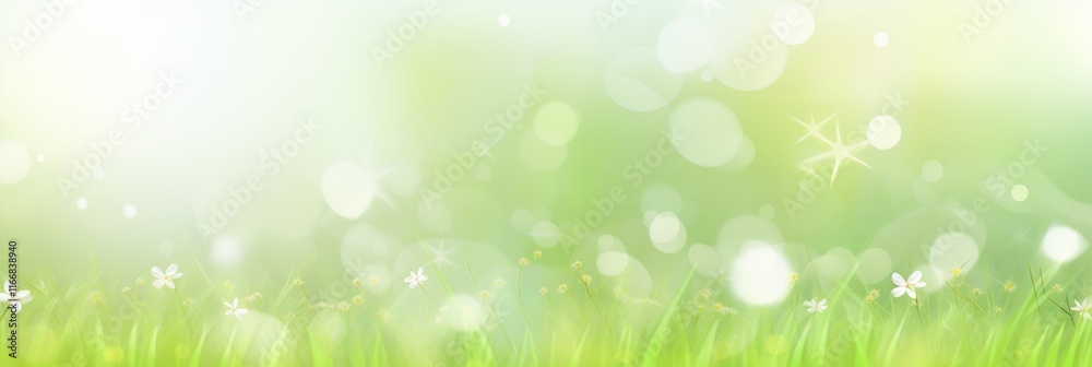 Bright green grass with delicate flowers and shimmering light creates a serene outdoor atmosphere in spring Bright green grass with delicate flowers and shimmering light creates a serene outdoor atmosphere in spring