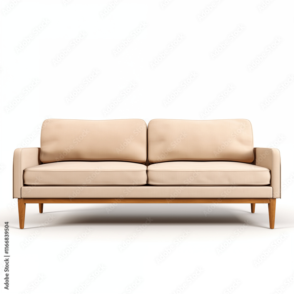 Beige Fabric Sofa MidCentury Modern Design Wooden Legs Beige Fabric Sofa MidCentury Modern Design Wooden Legs