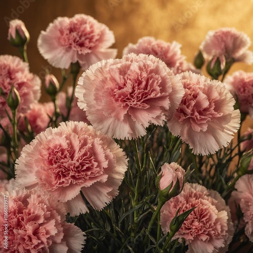 A gentle bloom of pink carnations against a warm golden background.