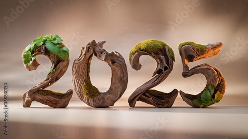 Stylized 2025 New Year's numbers crafted from wood, adorned with moss and plants. Ideal for calendars, greetings.