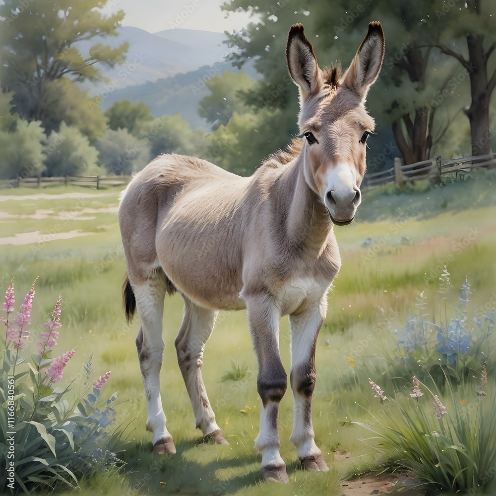 Gentle Donkey in a Pastoral Landscape: A Serene Impressionist Painting Gentle Donkey in a Pastoral Landscape: A Serene Impressionist Painting