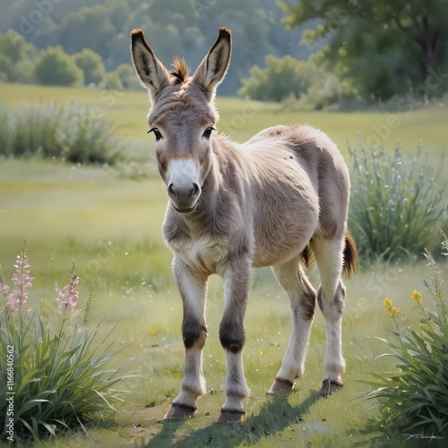 Gentle Donkey in a Summer Meadow: A Serene Impressionist Painting photo