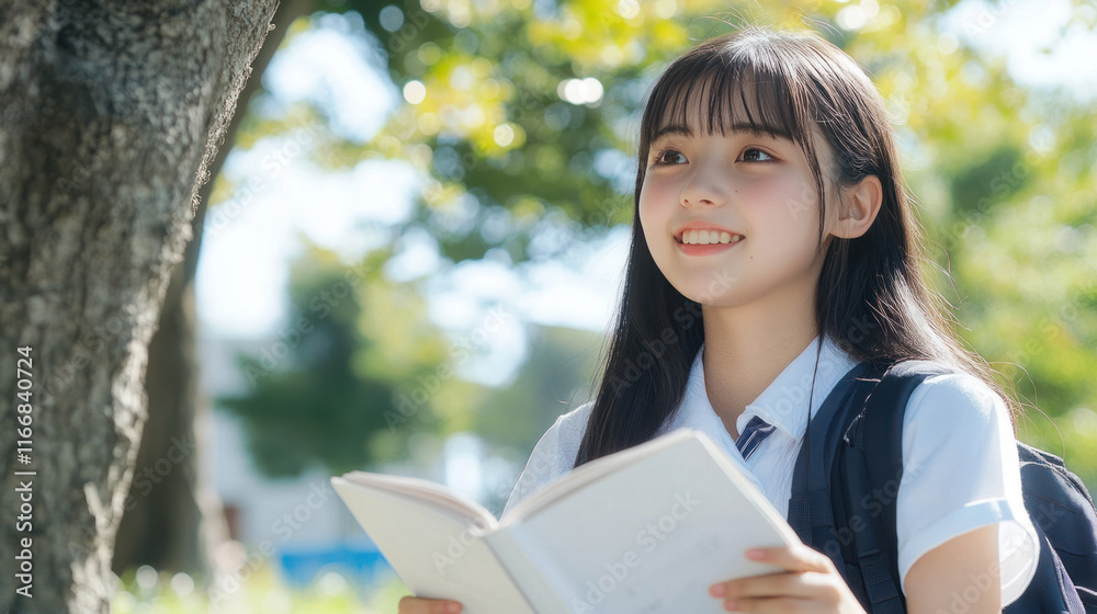 Japanese girl sitting on grass under the tree reading a book studying Japanese girl sitting on grass under the tree reading a book studying