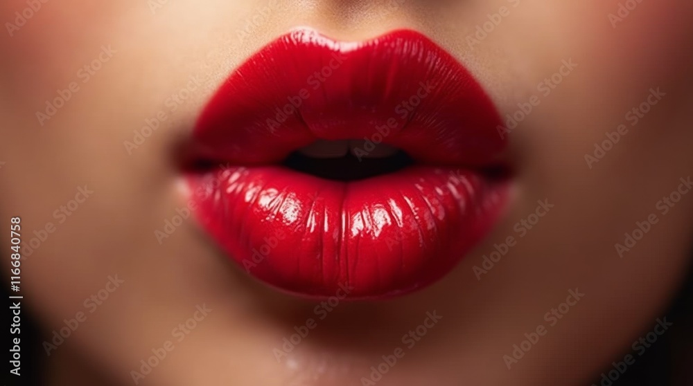 A close-up of lips with red lipstick blowing a kiss A close-up of lips with red lipstick blowing a kiss
