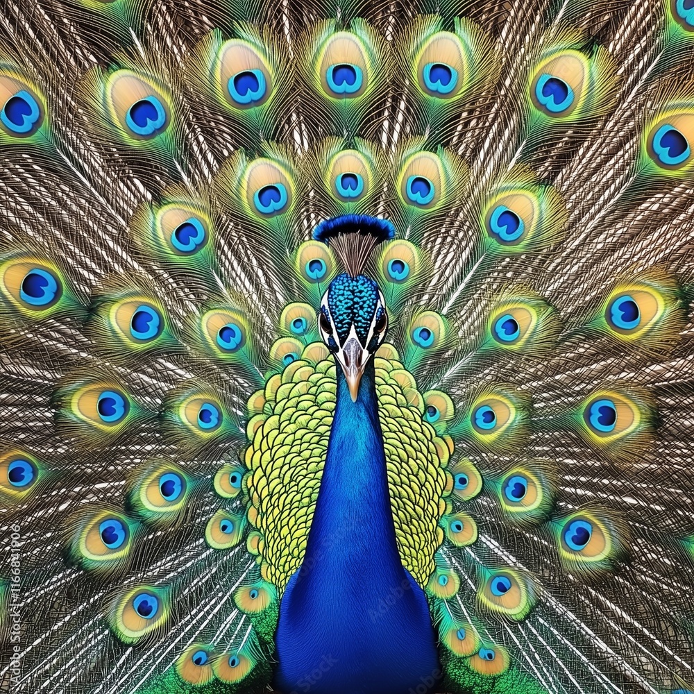 Obraz premium Vibrant peacock with fully fanned feathers.