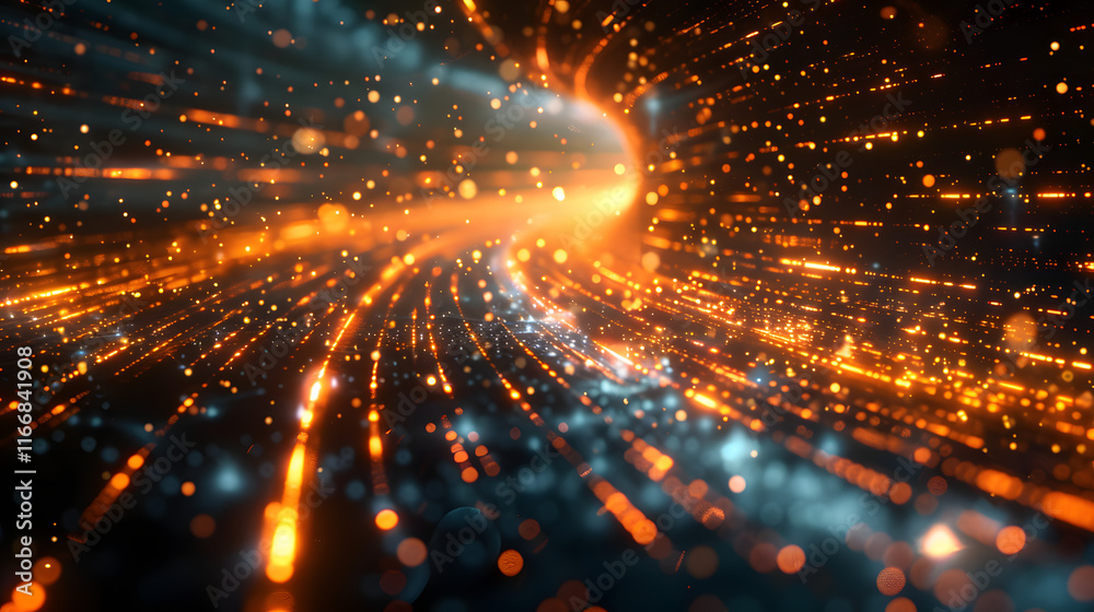 Fototapeta premium Abstract digital light glowing motion space technology 3D long background for futuristic space science