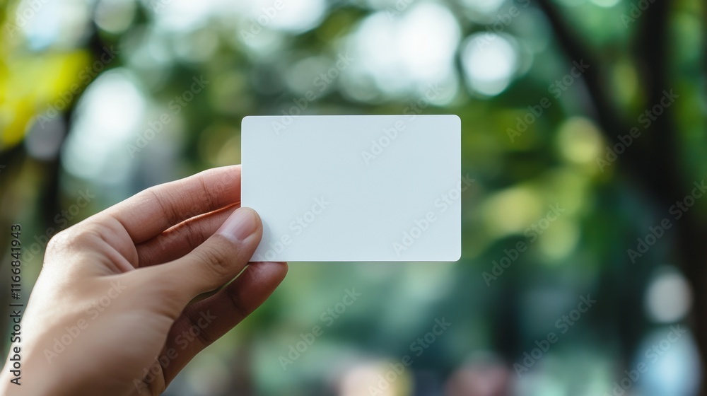 Hand holds a blank card with greenery in the background during daytime outdoors Hand holds a blank card with greenery in the background during daytime outdoors
