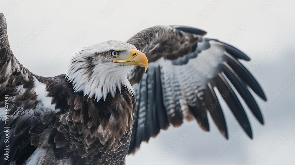 Bald eagle with wings spread against snowy background. Bald eagle with wings spread against snowy background.