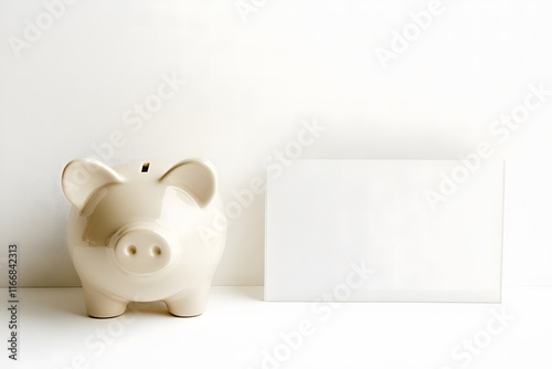 Cute piggy bank in beige color beside a blank card on a minimalist white background, symbolizing savings, finance, and budgeting concepts for personal finance management photo