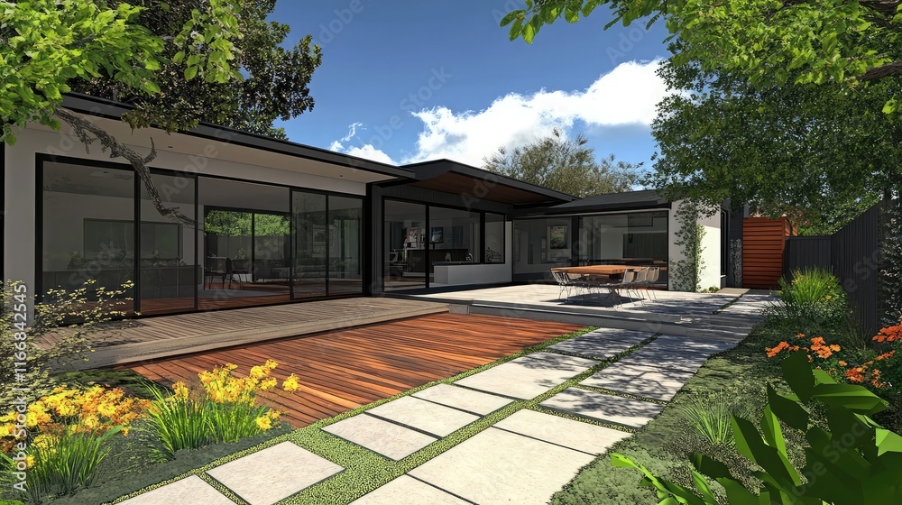 Fototapeta premium Modern home extension with a spacious deck, patio, and serene courtyard view
